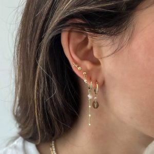 Flower Earring Set featuring delicate floral details and freshwater pearls worn in multiple piercings.