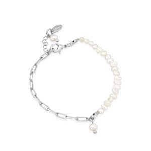 Rene Bracelet featuring classic pearls, sleek gold, and asymmetrical drop pearl detail in a modern design.